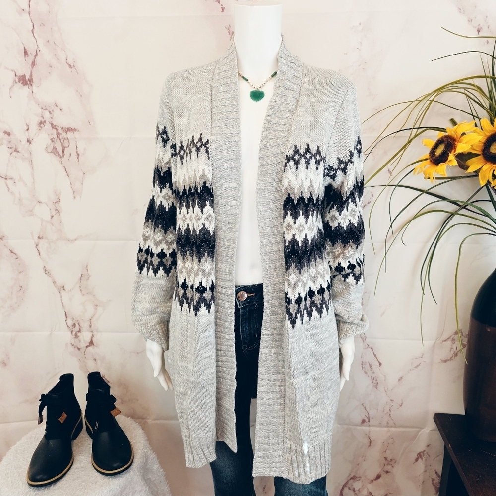 Mesh + Lace Open Front Soft Knit Intarsia Cardigan Long Warm Small Layering